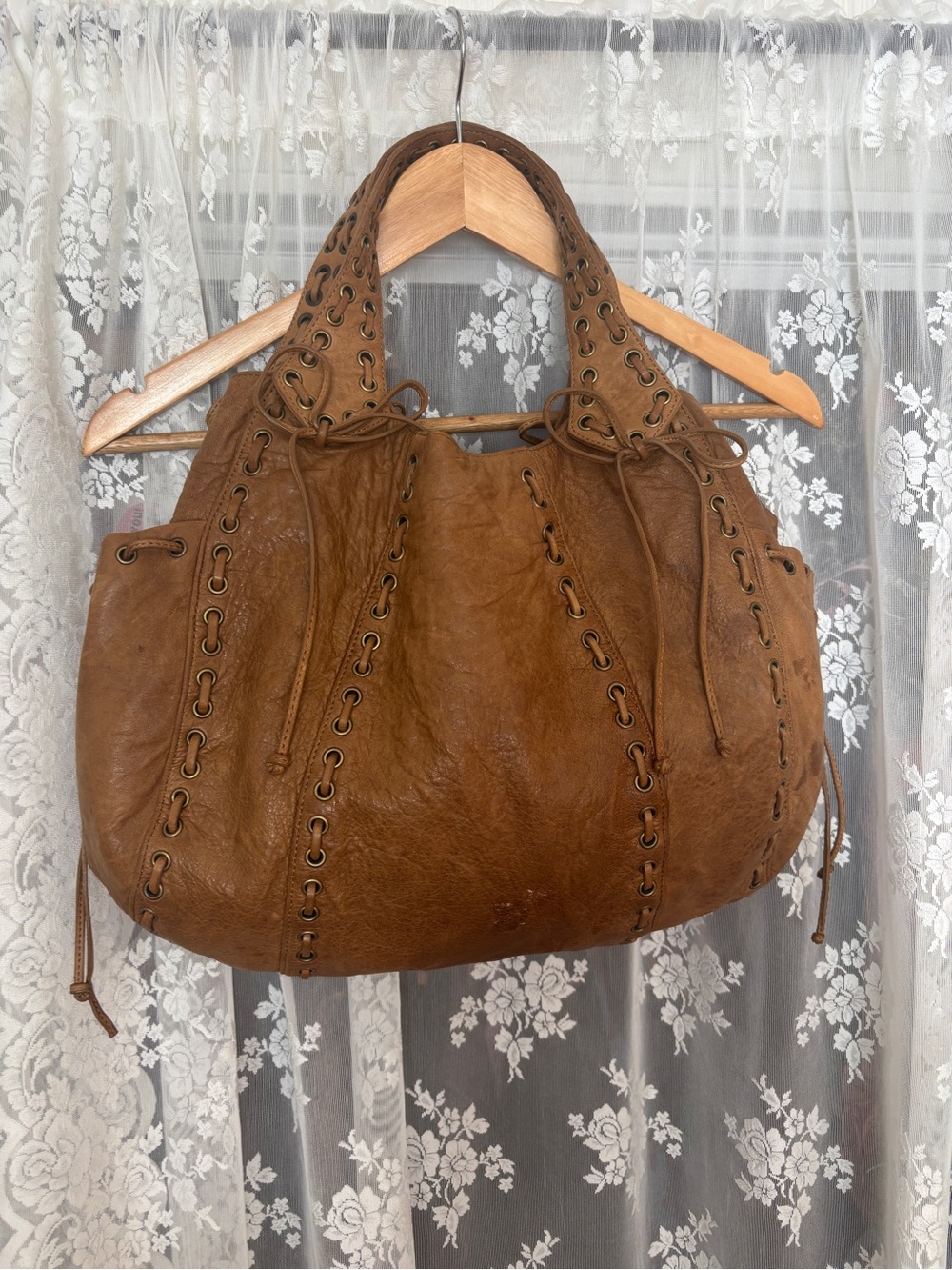 Kooba Brown Leather hobo Tote shoulder Bag with Lace-Up Detailing
